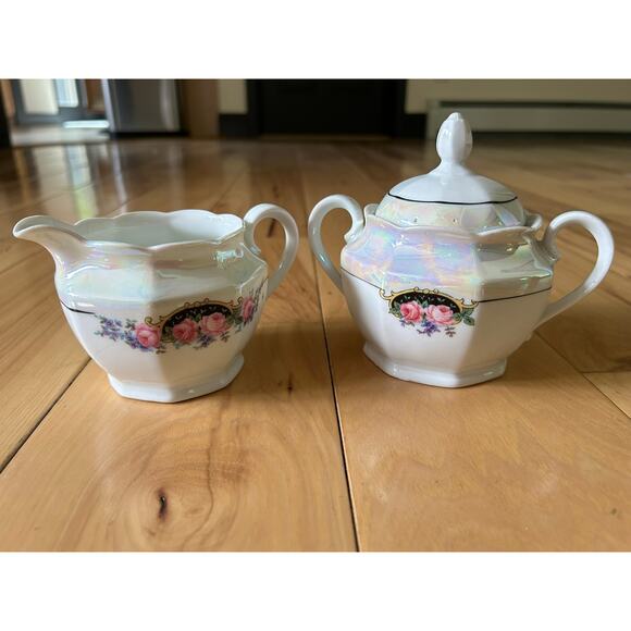 Porcelain Sugar Creamer Set Bavaria Germany Vintage  Pink Roses - Picture 1 of 7